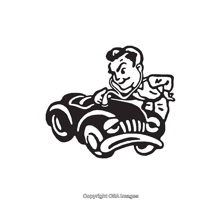 Vintage Black And White Cartoon of Driver in Classic Car