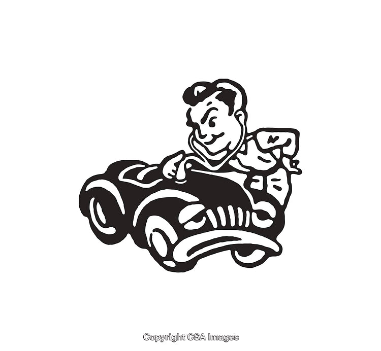 Vintage Black And White Cartoon of Driver in Classic Car