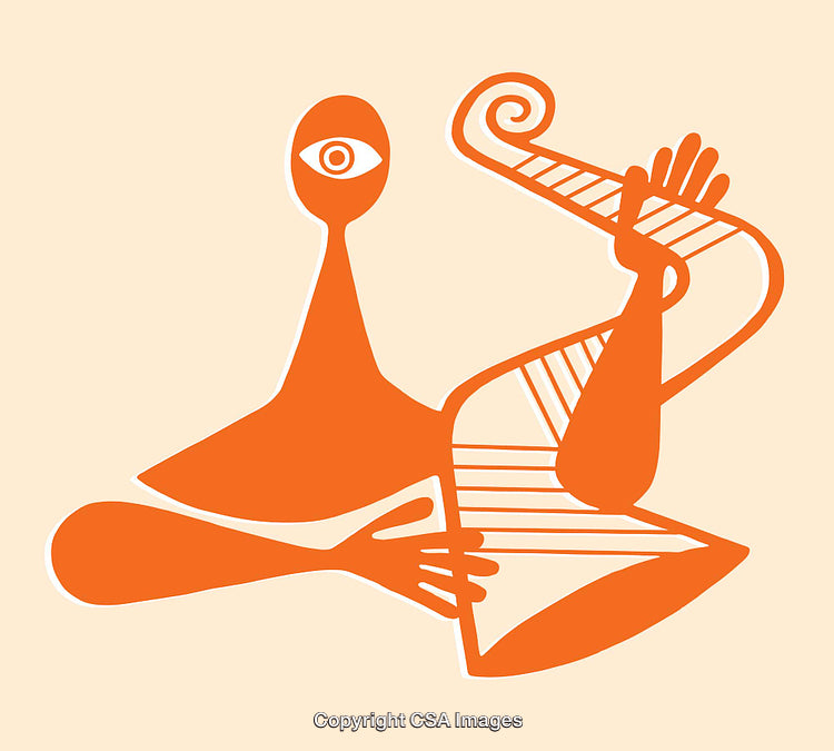 Abstract Orange Line Art Depicting Human Forms and DNA Structure