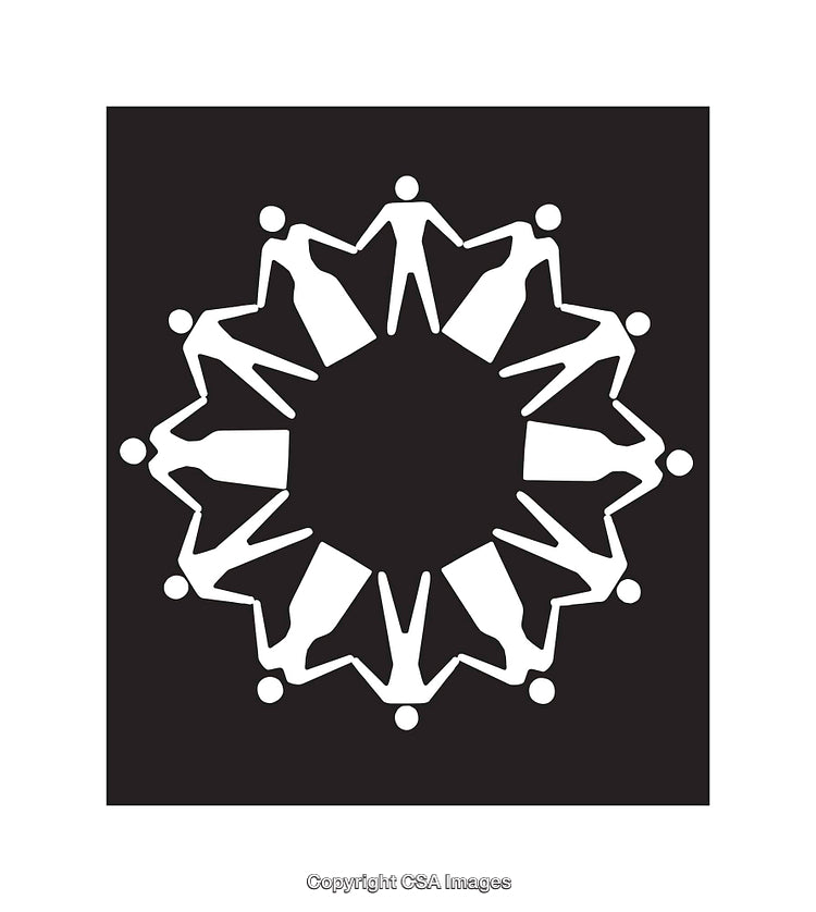 Black and White Mandala of Figures Holding Hands Representing Unity and Harmony