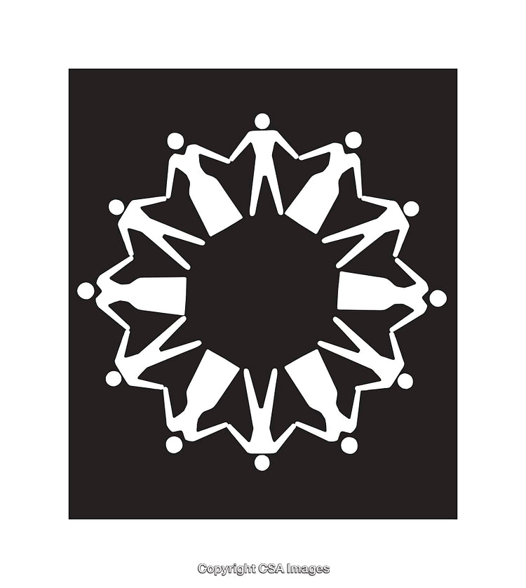Black and White Mandala of Figures Holding Hands Representing Unity and Harmony