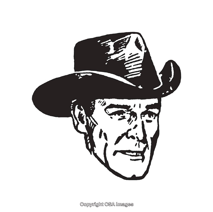 Illustration of a Cowboy Wearing a Hat in Black and White Line Art