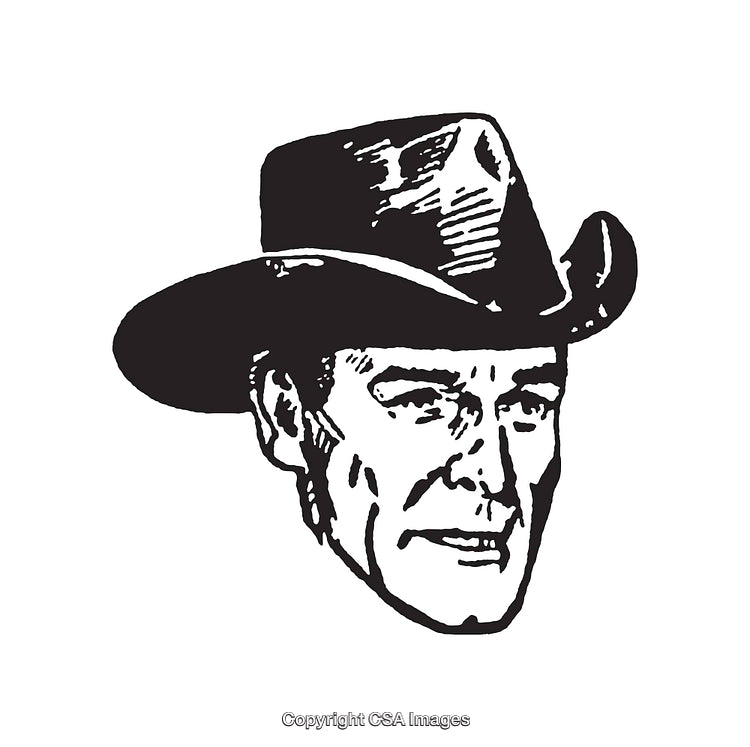 Illustration of a Cowboy Wearing a Hat in Black and White Line Art