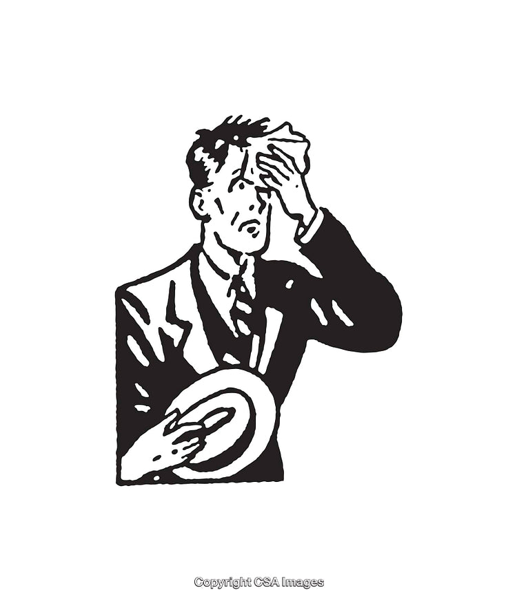 Black And White Illustration of a Stressed Man Holding Hat