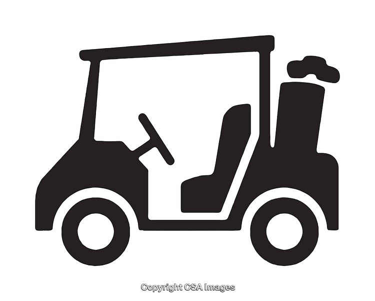 Black and White Line Art Golf Cart Illustration with Golf Bag