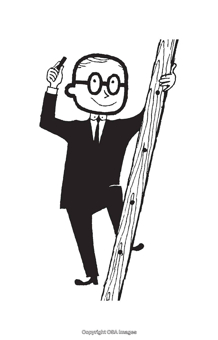 Black and White Illustration of a Person Climbing and Holding an Object