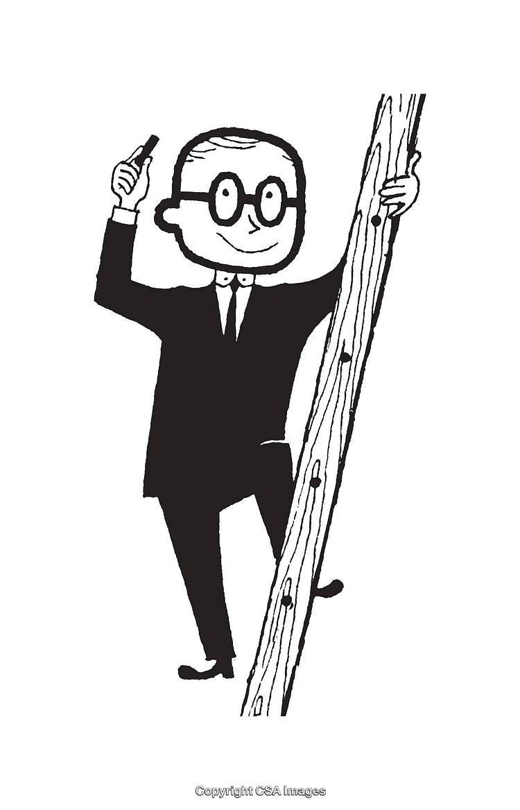 Black and White Illustration of a Person Climbing and Holding an Object