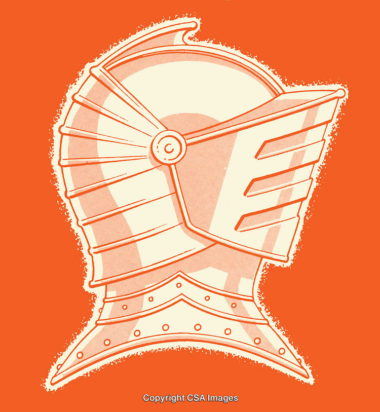 Color Line Art Illustration of a Medieval Styled Knight Helmet on Orange Background