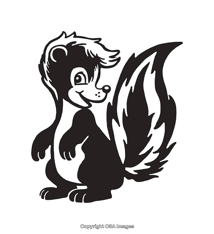 Black and White Line Art Illustration of a Cartoon Skunk Character