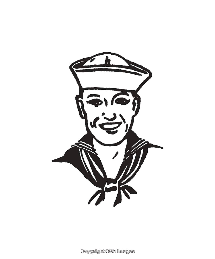 Black And White Illustration of a Smiling Sailor in Uniform