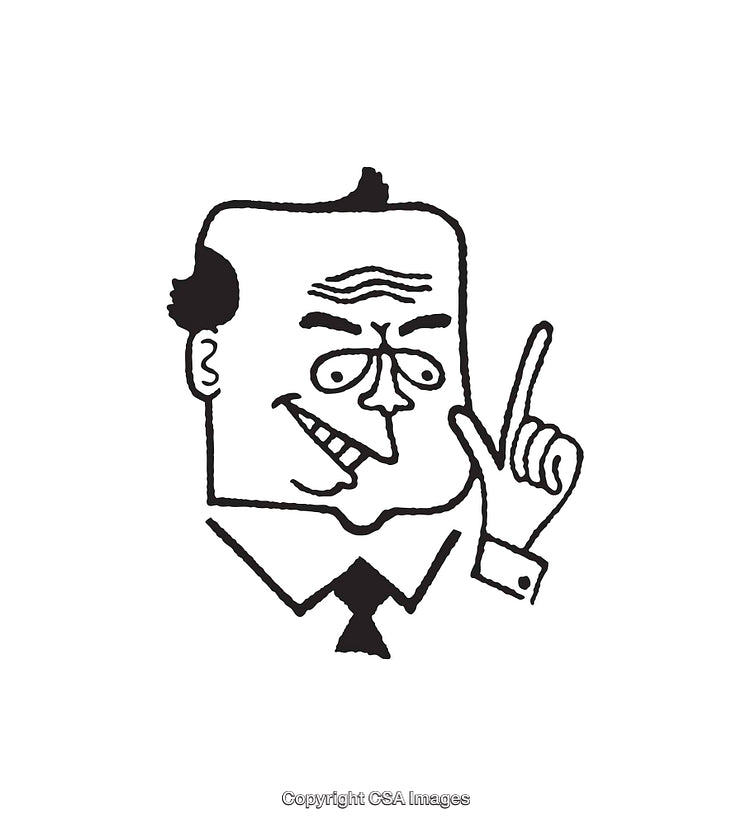 Humorous Black and White Illustration of a Character in Business Attire