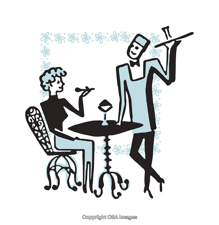 Retro Illustration of a Restaurant Serving a Customer in a Stylish Setting