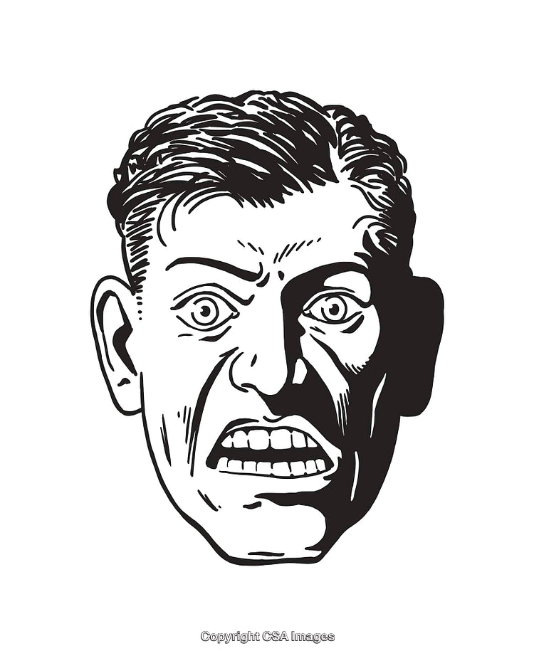 Black and White Illustration of an Expressive Face with Intense Features
