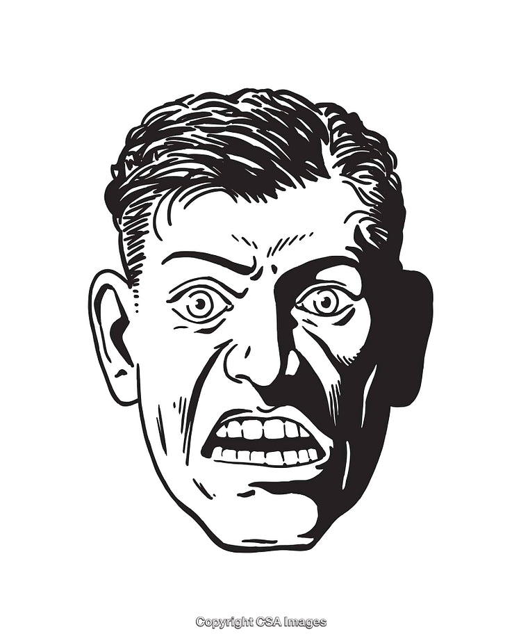 Black and White Illustration of an Expressive Face with Intense Features