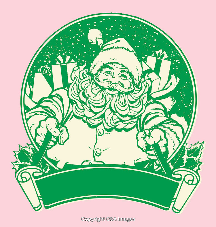 Vintage Santa Claus Illustration with Christmas Gifts and Decorative Banner