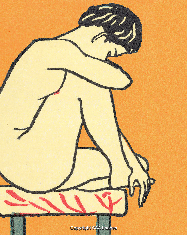 Minimalistic Art Depicting a Pensive Nude Person Sitting on a Bench
