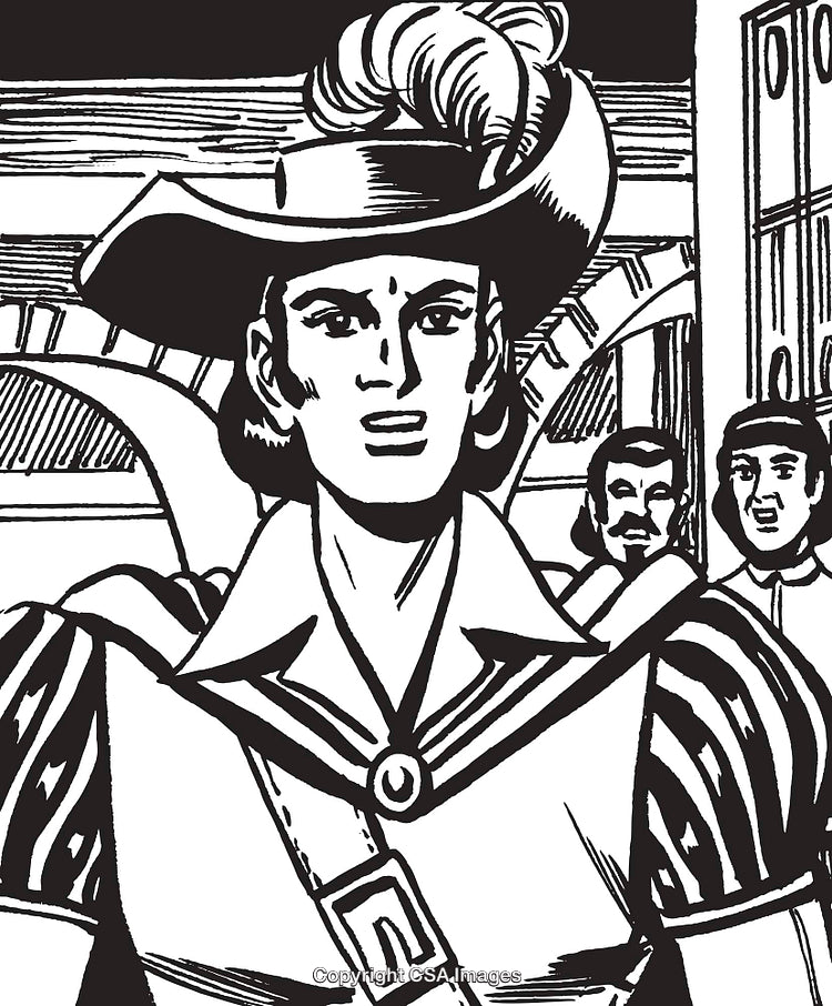 Classic Illustration of a Heroic Figure in Historical Costume During a Moment of Action