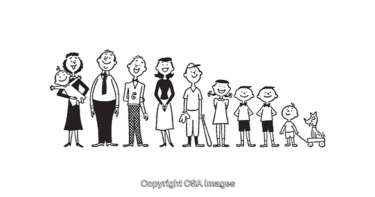 Black and White Family Line Art Illustration with Multiple Figures