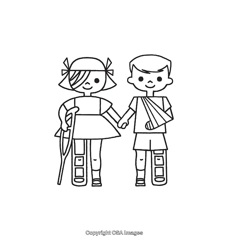 Black and White Line Art of Injured Children Holding Hands