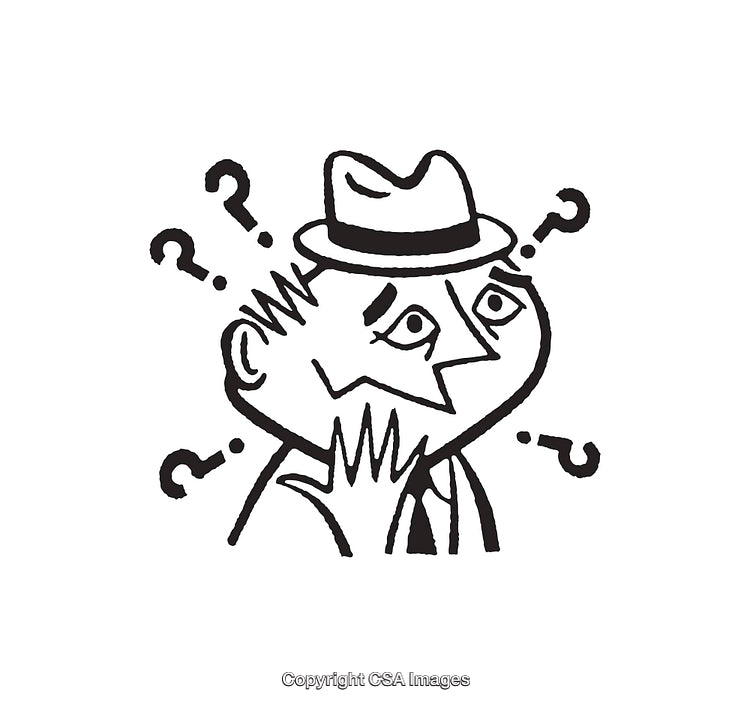 Confused Man Wearing a Hat Surrounded by Question Marks in Black and White