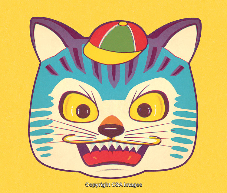 Colorful Cartoon Cat Illustration With Whimsical Expression and Yellow Backdrop