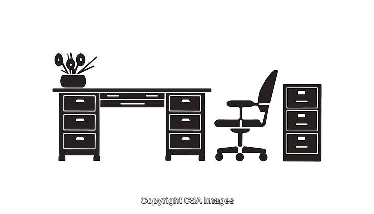 Black and White Office Furniture Line Art Illustration