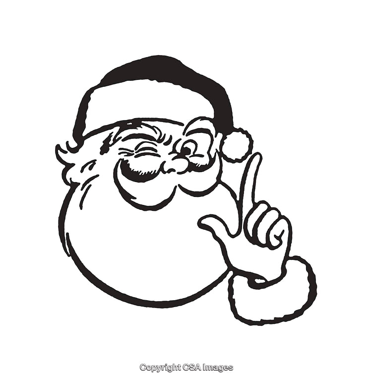 Black and White Line Drawing of Santa Claus Winking