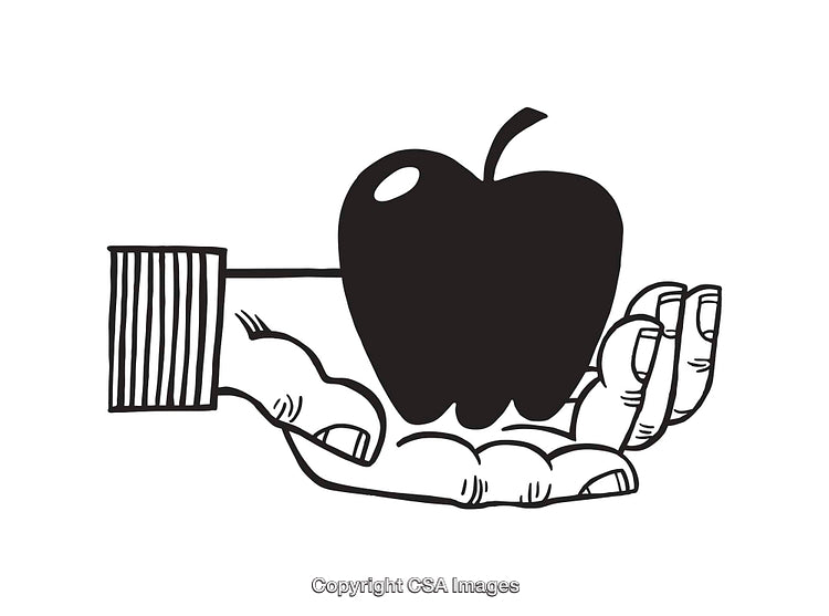 Black and White Line Art of a Hand Holding an Apple