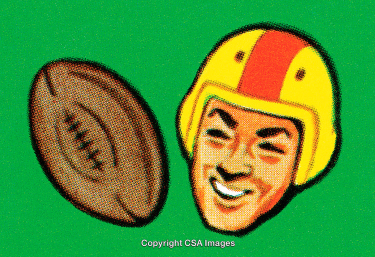 Vintage Illustration of Football Player and Ball on Green Background