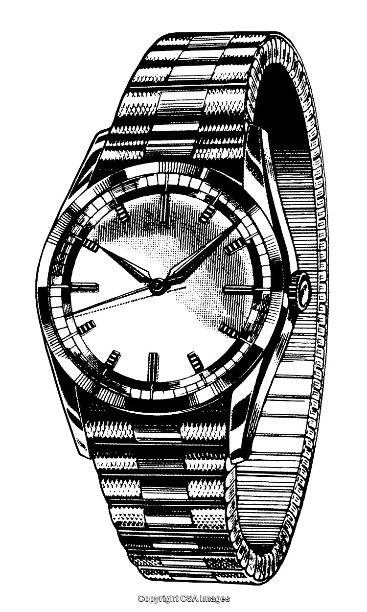 Detailed Black and White Engraving of a Wristwatch with a Metal Strap