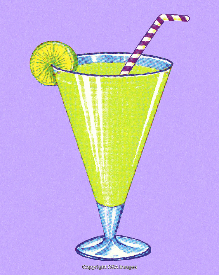 Lime Green Beverage in Fancy Glass with Lemon Slice and Purple Background