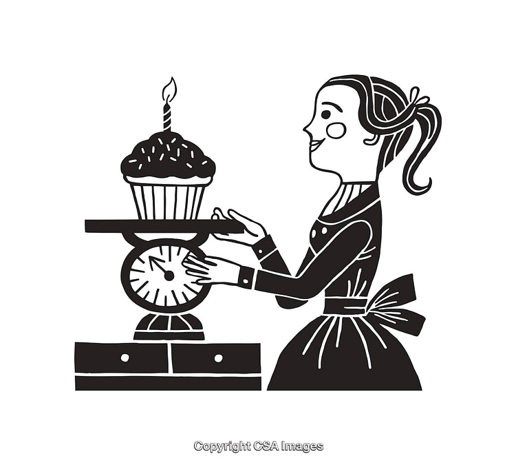 Black and White Illustration of Woman Measuring Cupcake on Scale