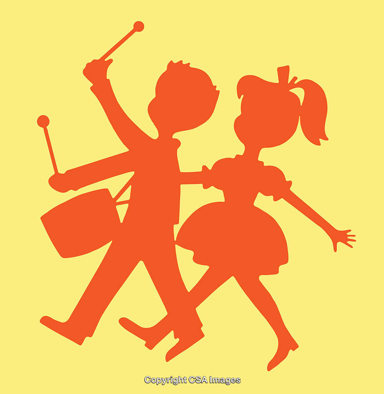 Silhouette Art of Children Marching and Playing Music in Bright Colors