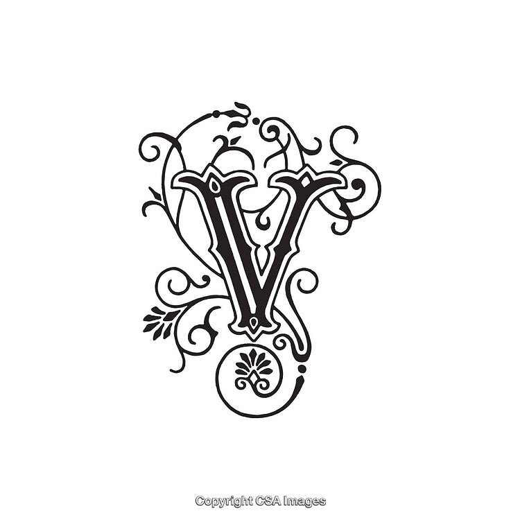 Ornate Black Letter V with Floral Decoration on White Background