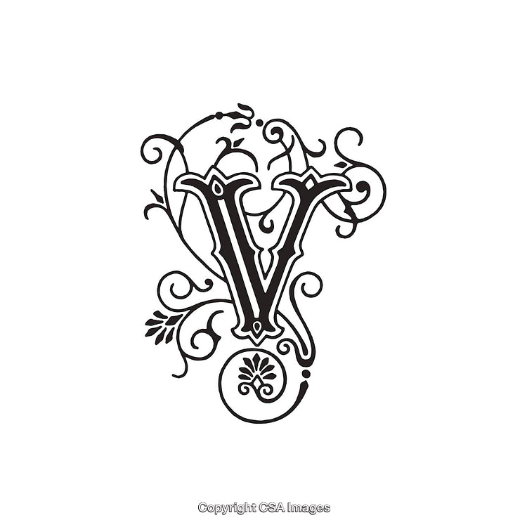 Ornate Black Letter V with Floral Decoration on White Background