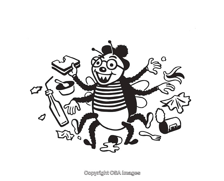 Playful Cartoon Insect Surrounded by Various Everyday Objects in Line Art