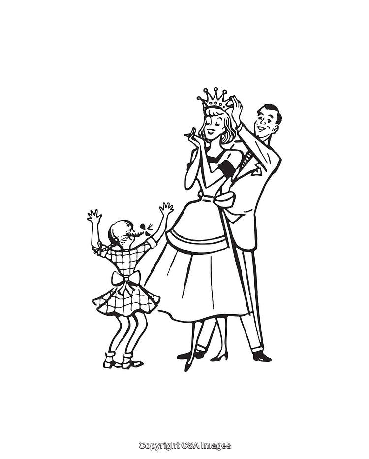 Family Celebrating With Crowning of Queen in Black and White Line Art