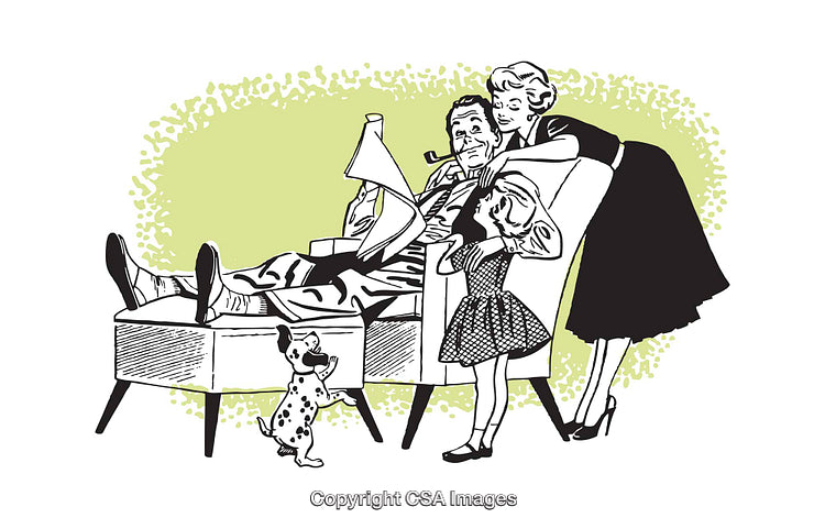 Retro Family Scene Illustration Featuring Parents, Child, and Dog