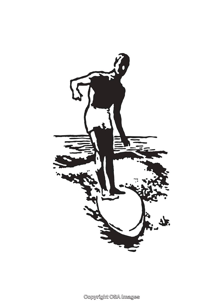 Black and White Line Art Surfing Illustration on a Wave