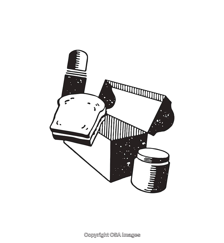 Black and White Line Art of Picnic Lunchbox with Sandwich and Jar