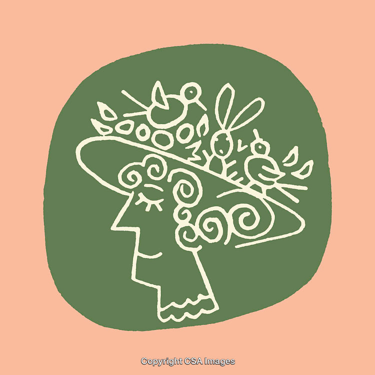 Whimsical Illustration of a Woman's Hat with Animals and Nature Motifs