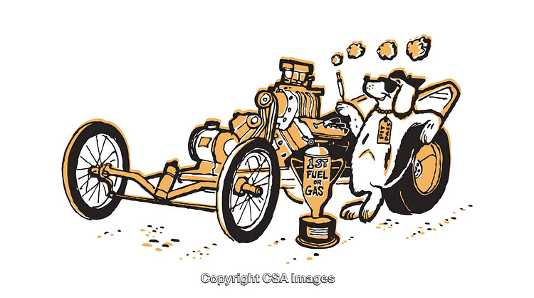 Retro Illustration of a Racing Dog with Classic Hot Rod and Trophy