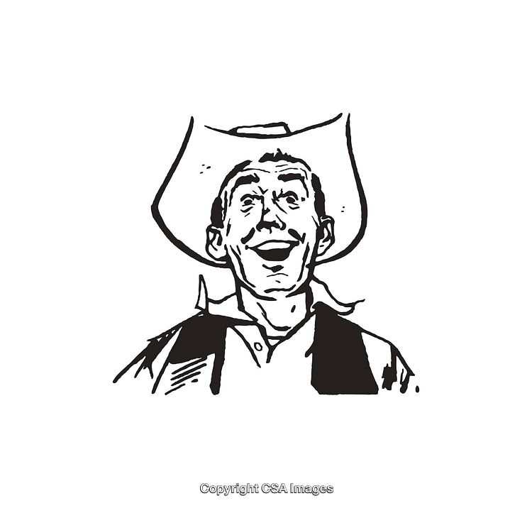 Black and White Line Art of Smiling Cowboy Portrait