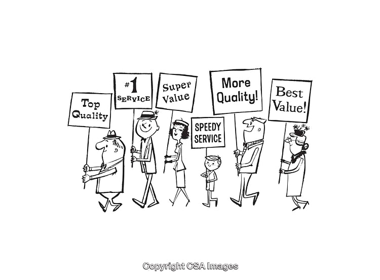 Black and White Line Art Illustration of People Advocating Quality and Service