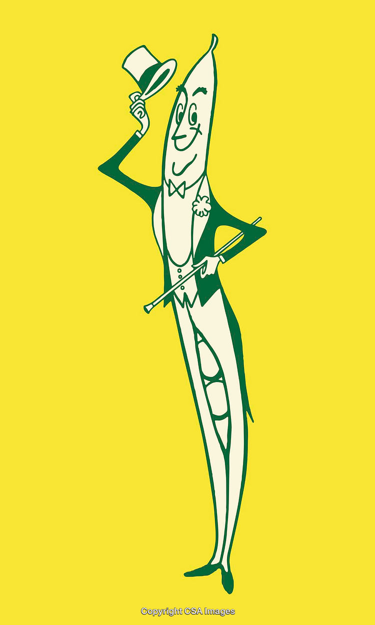 Playful Green Pea Character in Chic Attire on Bright Yellow Background