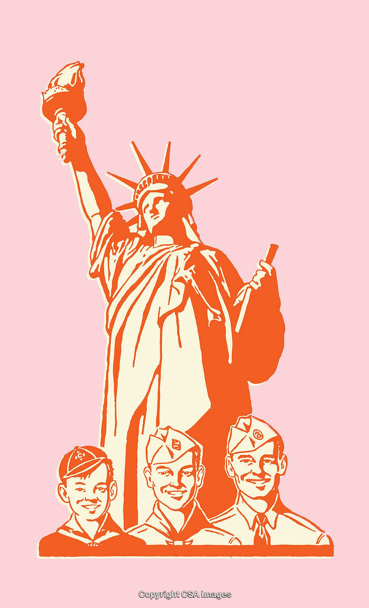 Colorful Patriotic Illustration Featuring Statue of Liberty and Three Military Figures