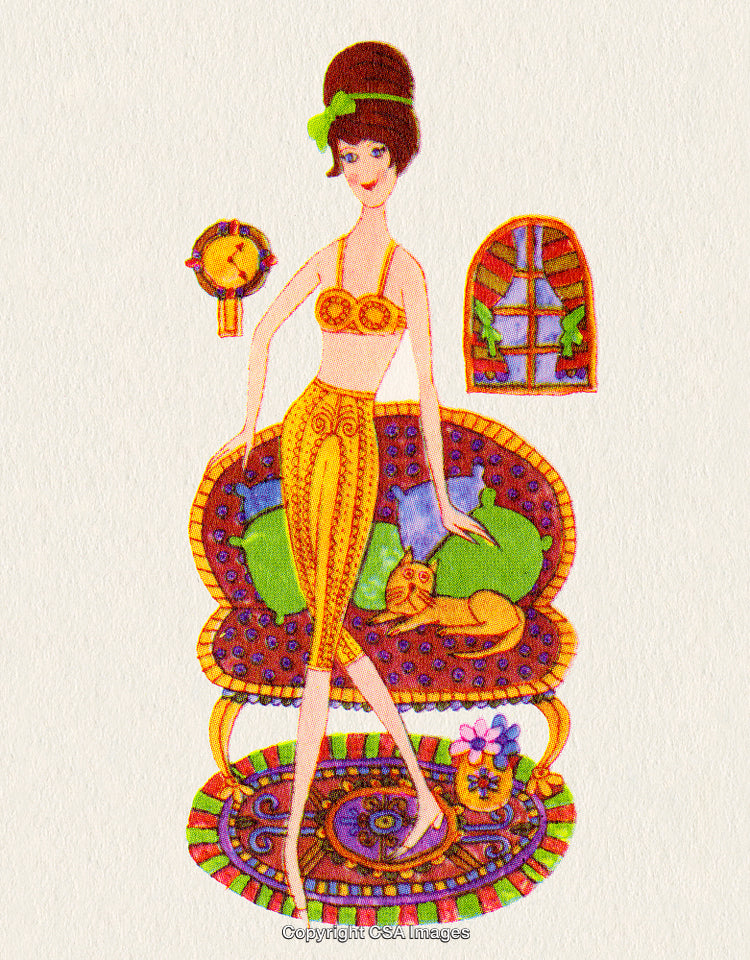 Colorful Retro Illustration of a Woman Relaxing in a Cozy Living Room