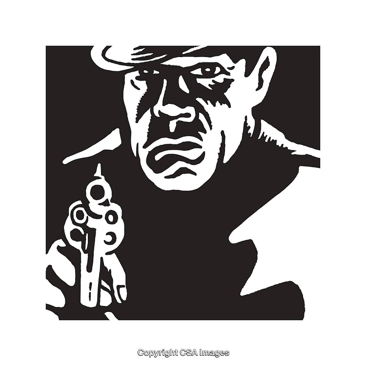Black and White Artwork Depicting a Grim Man with a Gun