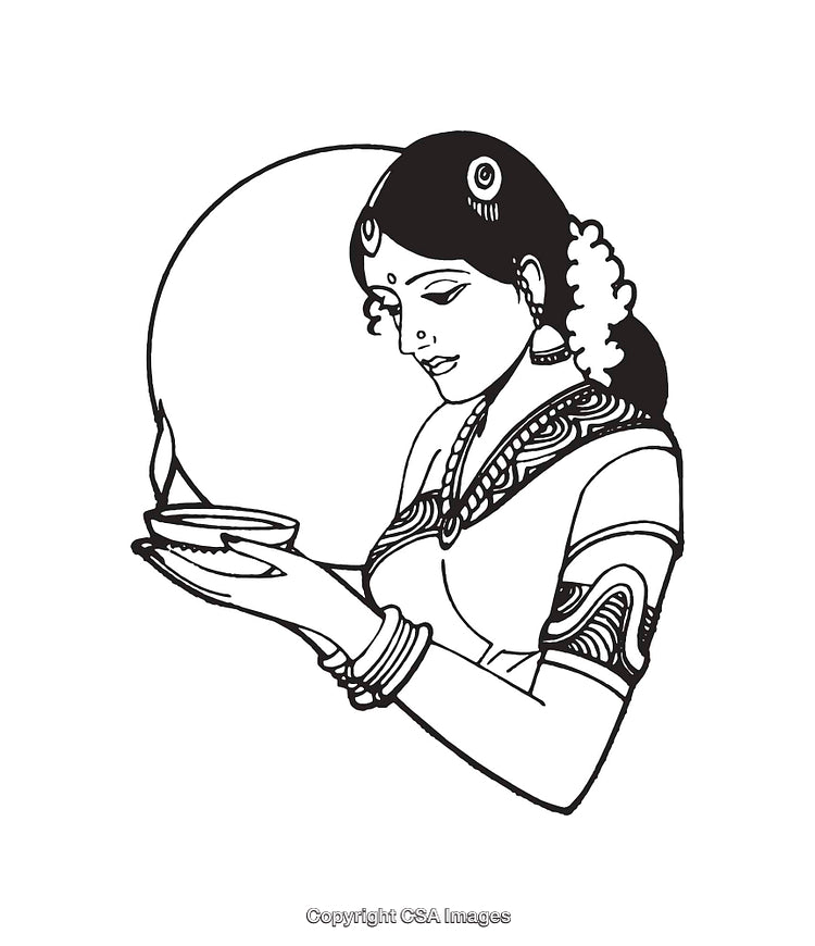 Black and White Line Art of Traditional Woman Holding a Lamp