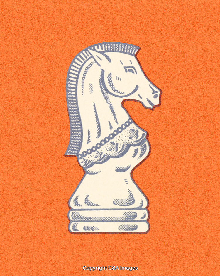 Stylized Chess Knight Piece Illustration on Vibrant Orange Background